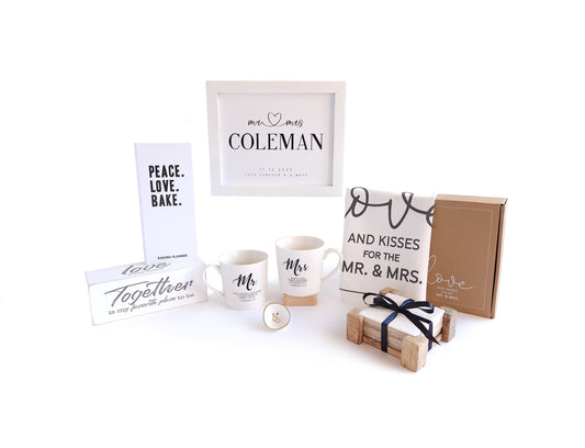 Wedding Gift Box | Anniversary Gift For Couple | Personalized Name Sign | Bridal Shower Gift Basket | Housewarming Gift Mr Mrs Mugs Towel
